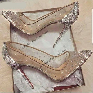 goosudu New Crystal Pumps Shallow Crystal Stilettos Solid Pumps Beige High Heels Woman Spring Shoes Fashion Party Sexy Big Size