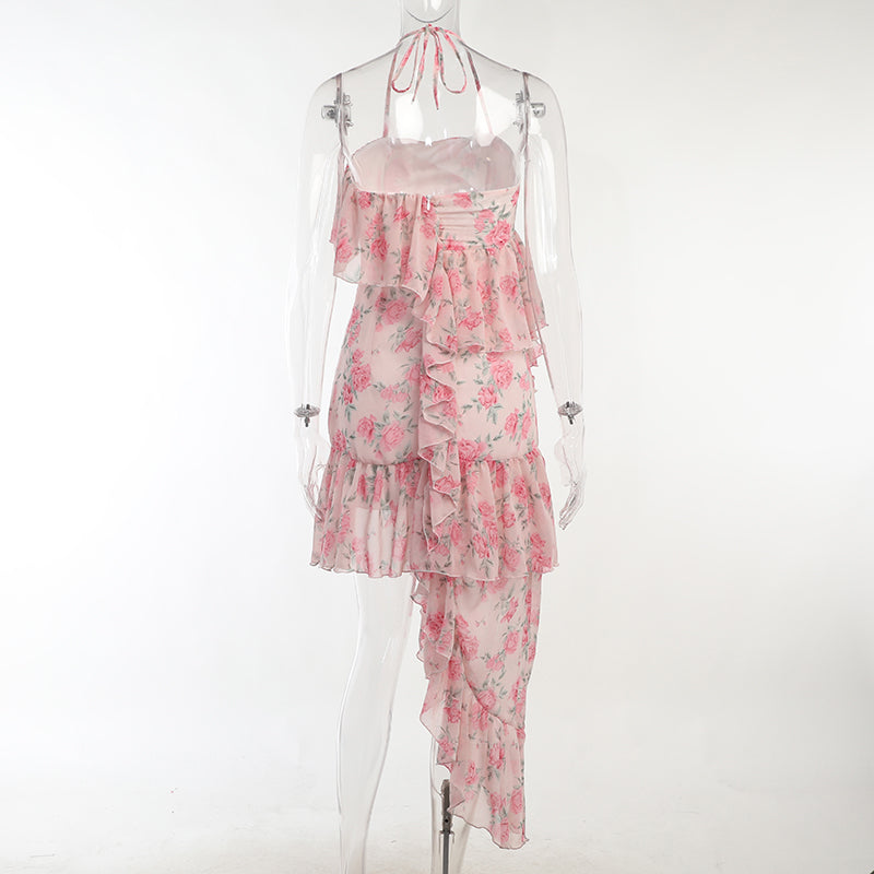 goosudu Fairy Dress Ruffled Breast Wrap Strap Dress Women's Spring Summer Midi Flower Halterneck  Boho Dress Beach Dress Sundress