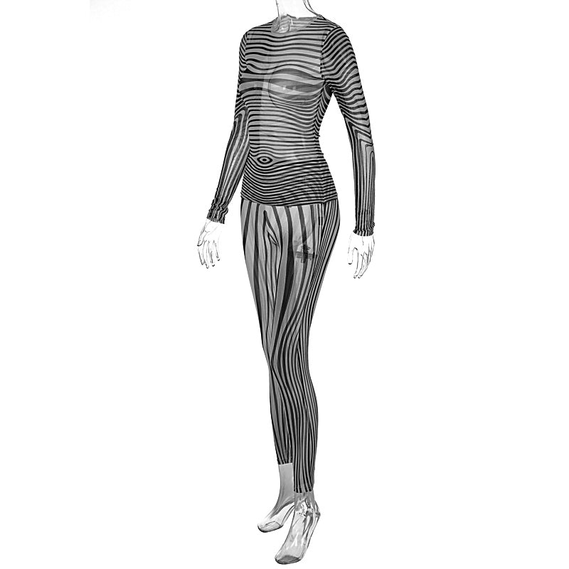 Goosudu Summer Fall Women Fashion Zebra Print See Through Long Sleeves Top Leggings 2 Pieces Set Sexy Y2K Streetwear Slim