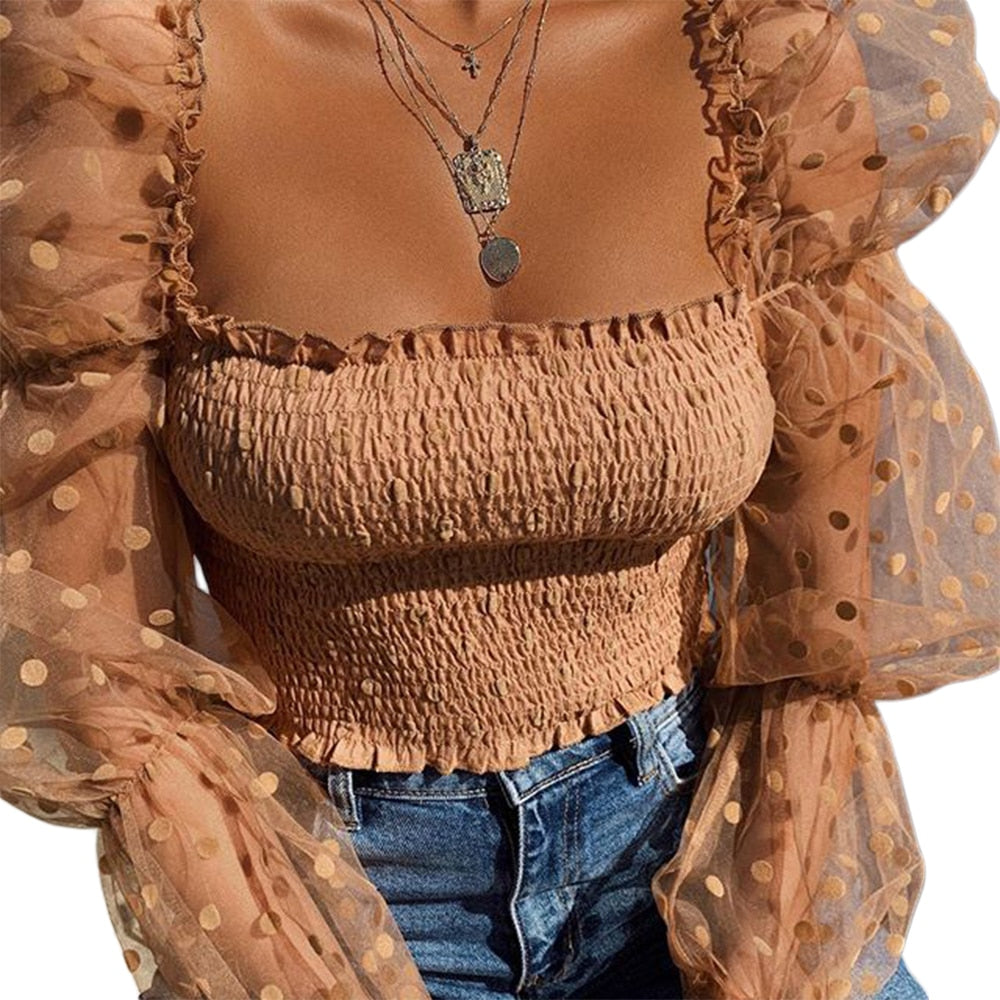 Sexy Women Wrinkled Backless Blouse Shirt Mesh Sheer Puff Sleeve Wrap Chest Tops Spring Summer Ladies Dots Blouse