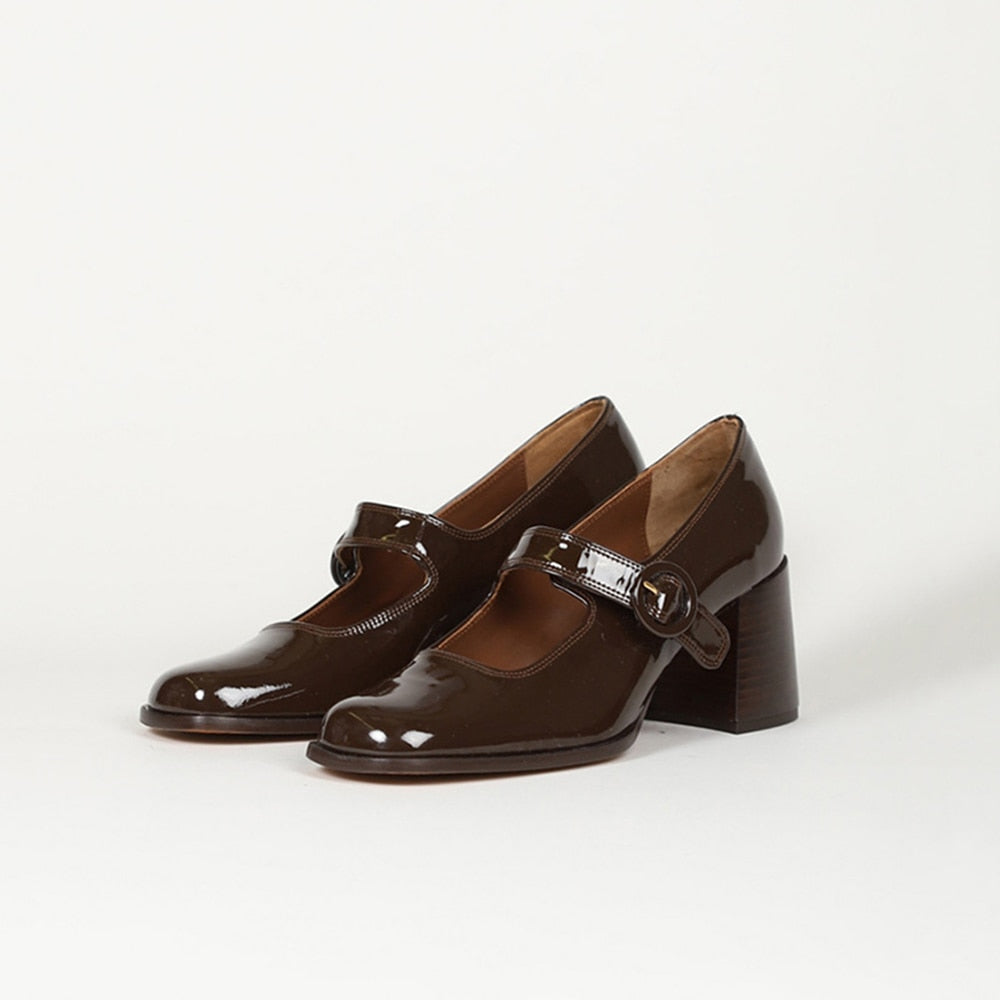 goosudu Woman‘s New Mary Janes Shoes Genuine Leather Shallow Square heel Pumps Buckle Strap Round Toe Lady Footwear