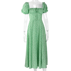 Puff Sleeve Flower Green Summer Split Long Dress Women Sexy Vacation Floral Sundress Outfits Holiday Midi Dress