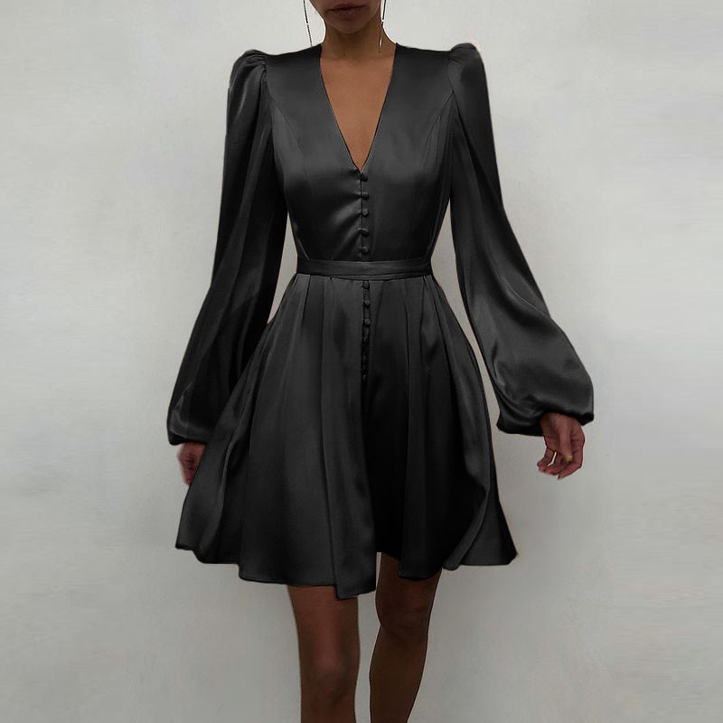 goosudu Women Silk Dress Celmia Satin Mini Robe Summer Elegant Party Wrap Evening Dress Long Lantern Sleeve V Neck Solid Vestidos