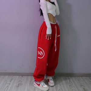 goosudu  Summer hip-hop Letter printing graphic sweatpants Red pants for women Y2K Harajuku high waist loose casual pants Trousers