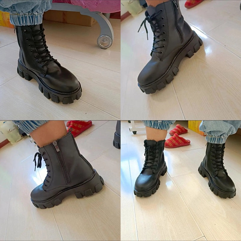 Pofulove Black Boots Winter Shoes Women Ankel Boots Goth Shoes Platform Boots Snow Booties Woman Warm Botas Fall Flat Zapatos