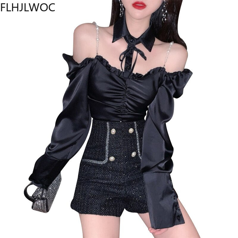 Goosudu Spring Women Fashion Off Shoulder Crop Tops Blusas Bling Beading Black Shirts Stand Collar Sexy Short Blouses