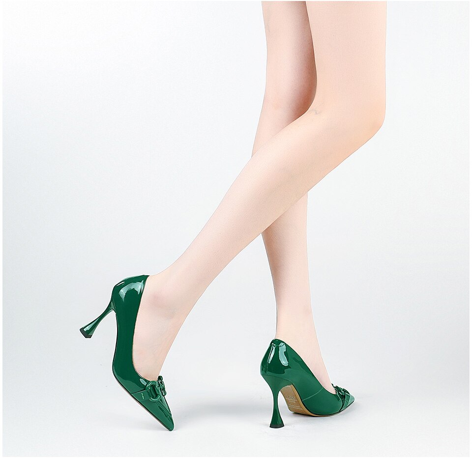 goosudu  Pumps Women Genuine Leather Pointed Toe Emerald Green Stiletto High Heels Spring Bride Shoes Party Wedding Shoes