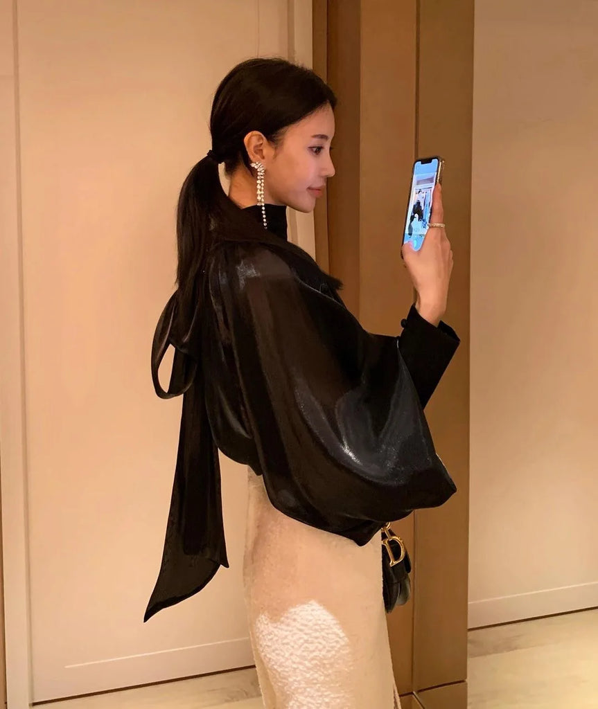Designer Fashion Long Lantern Sleeve Women Blouses Bowknot Silky Summer Spring France Chic Shirts Blusas