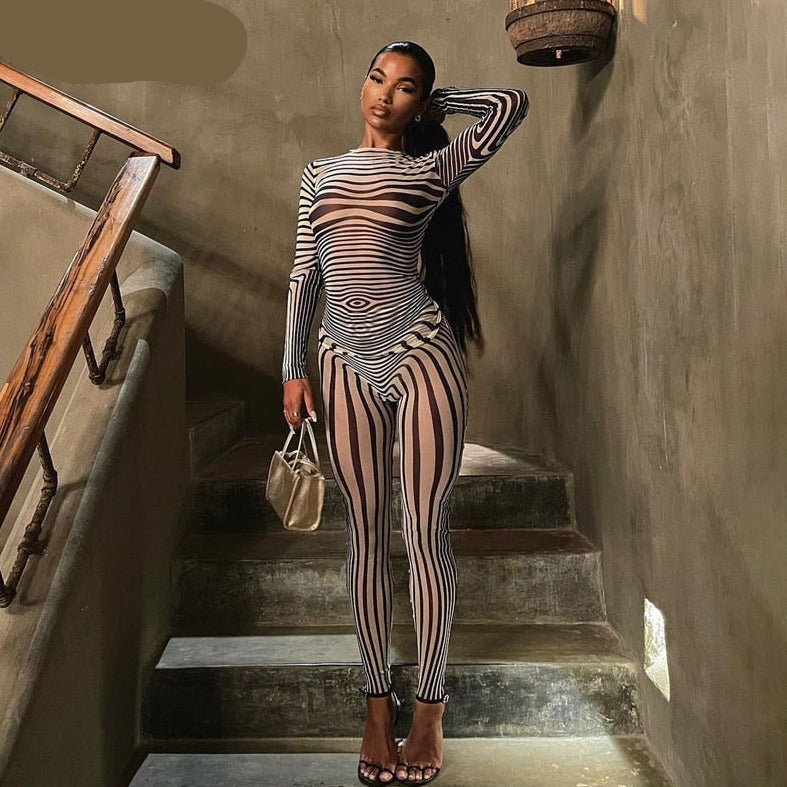 Goosudu Summer Fall Women Fashion Zebra Print See Through Long Sleeves Top Leggings 2 Pieces Set Sexy Y2K Streetwear Slim