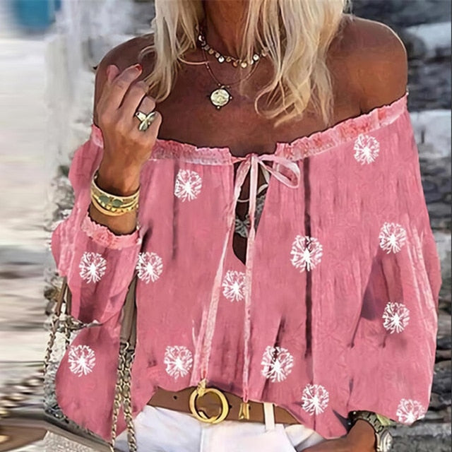 goosudu Elegant Lace-Up Tassel Chic Blouses Shirts  Summer Vintage Floral Print Boho Tops Women Sexy Off Shoulder Flare Sleeve Blusa