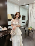 goosudu Summer Self Portrait Beige Pleated Dress Women Short Sleeve Lace Patchwork Cascading Ruffles Long Dress Female Layer Cake Dress