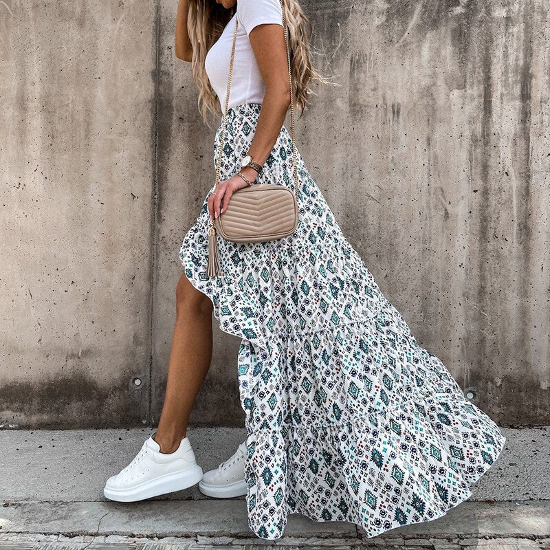 Goosudu Bohemian Women Long Skirt Asymmetrical Beach Style Floral Printed High Waist Ladies Casual Skirt Ins Skirts Faldas Spring