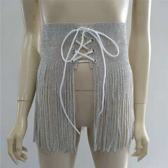 Fashion There 3 Piece Set Women Sexy Halter Shiny Diamante Bra Crop Top High Cut Short Tassel Bandage Skirt Clubwear 3 Pcs Set