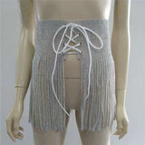 Fashion There 3 Piece Set Women Sexy Halter Shiny Diamante Bra Crop Top High Cut Short Tassel Bandage Skirt Clubwear 3 Pcs Set