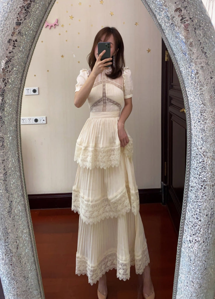 goosudu Summer Self Portrait Beige Pleated Dress Women Short Sleeve Lace Patchwork Cascading Ruffles Long Dress Female Layer Cake Dress