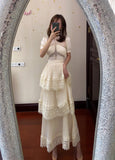 goosudu Summer Self Portrait Beige Pleated Dress Women Short Sleeve Lace Patchwork Cascading Ruffles Long Dress Female Layer Cake Dress