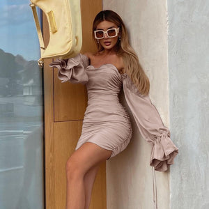 Goosudu Women Solid Long Loose Flare Sleeve With Drawstring Ruched Mini Dress spring  Autumn Streetwear Outfit Fashion Y2K