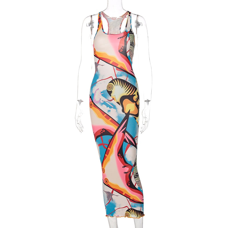 goosudu   Sleeveless Hollow Out Straps Asymmetric Print Backless Ruched Sexy Maxi Dress Summer Women Streetwear Y2K