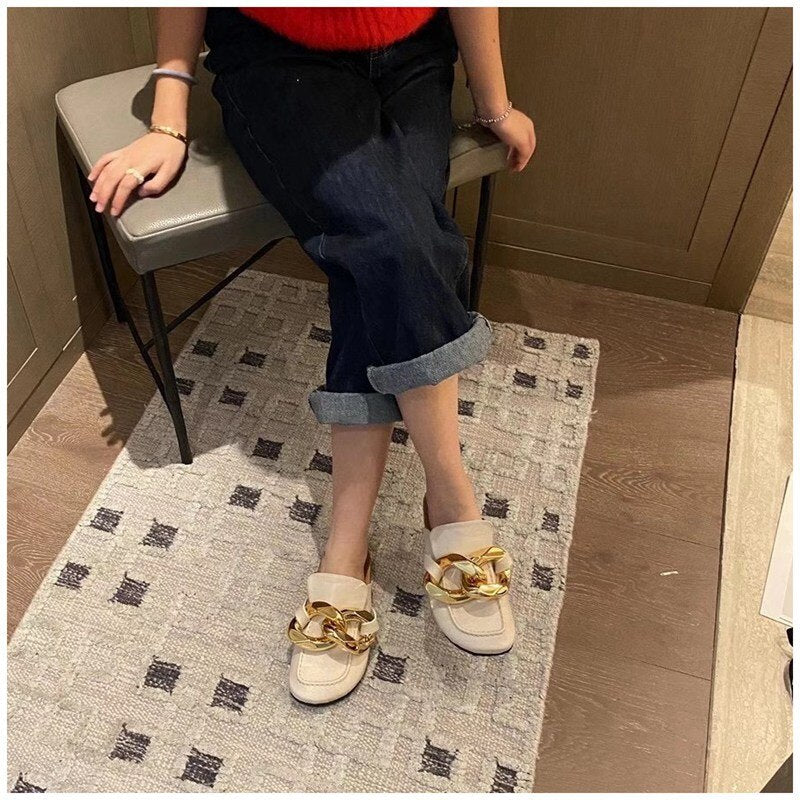 goosudu  New Brand Women Slipper Fashion Chain Decor Round Toe Flats Mules Lazy Loafer Women Outdoor Slides Slip On Sandal