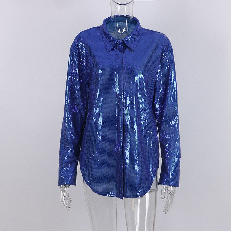 goosudu Turn-down Collar Sequin Woman Blouses White Long Sleeve Casual Elegant Blouses Women Spring Loose Fashion Plus Size Tops