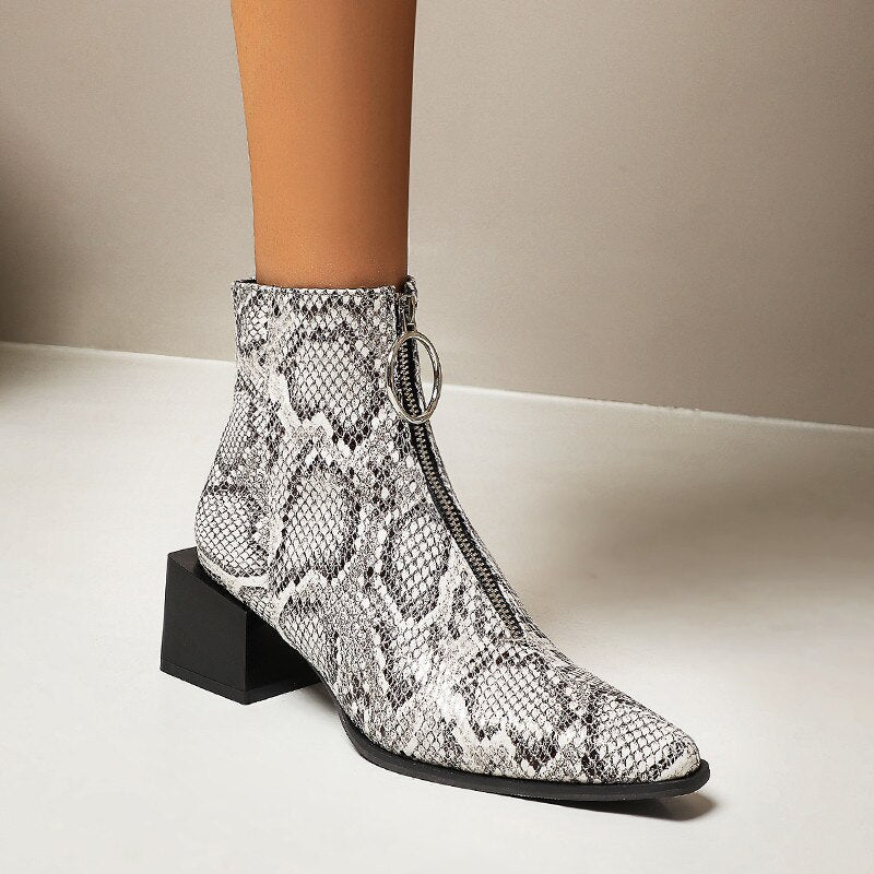 goosudu Big Size 34-48 Ankle Boots Women Silver Black Front Zipper Short Boots Ladies Thick Chunky Medium Heel Biker Boot Shoes