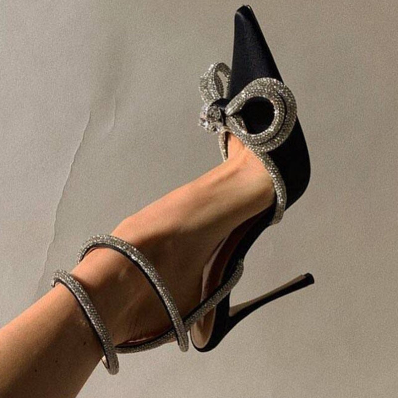 Summer Sexy Satin Slim Thin High Heel Bride Shoes Women Point Wrap Toe Crystal Sandals Ankle Buckle Luxury Wedding Shoes Mujer