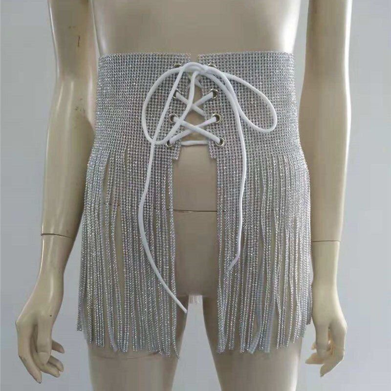 Fashion There 3 Piece Set Women Sexy Halter Shiny Diamante Bra Crop Top High Cut Short Tassel Bandage Skirt Clubwear 3 Pcs Set