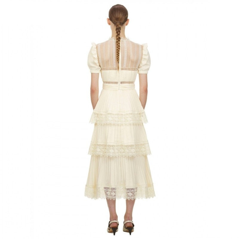 goosudu Summer Self Portrait Beige Pleated Dress Women Short Sleeve Lace Patchwork Cascading Ruffles Long Dress Female Layer Cake Dress