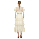 goosudu Summer Self Portrait Beige Pleated Dress Women Short Sleeve Lace Patchwork Cascading Ruffles Long Dress Female Layer Cake Dress