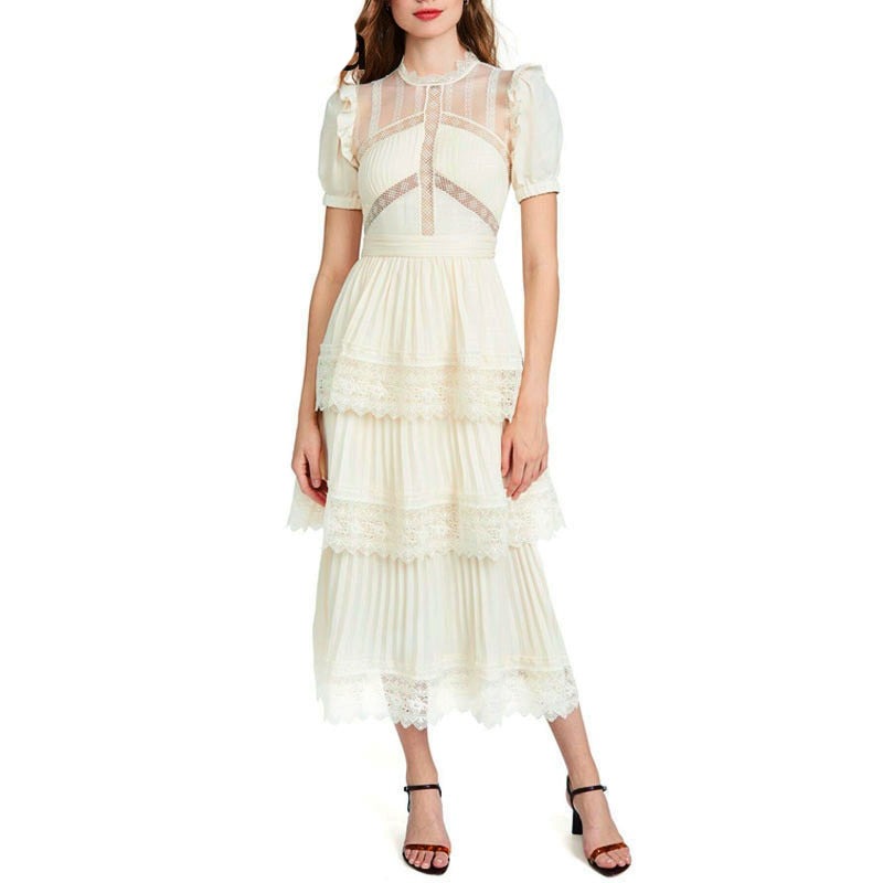 goosudu Summer Self Portrait Beige Pleated Dress Women Short Sleeve Lace Patchwork Cascading Ruffles Long Dress Female Layer Cake Dress