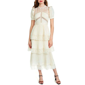 goosudu Summer Self Portrait Beige Pleated Dress Women Short Sleeve Lace Patchwork Cascading Ruffles Long Dress Female Layer Cake Dress