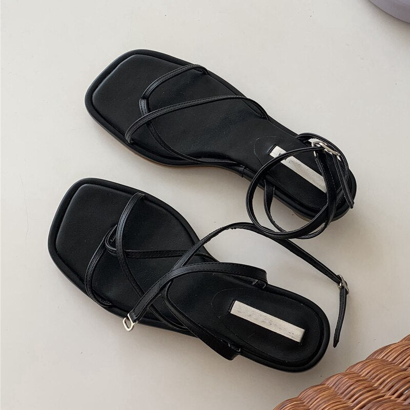 Summer Women Sandal Shoes Low Round Heel Narrow Band Gladiator Casual Sandal Ladies Casual Outdoor Beach Slides