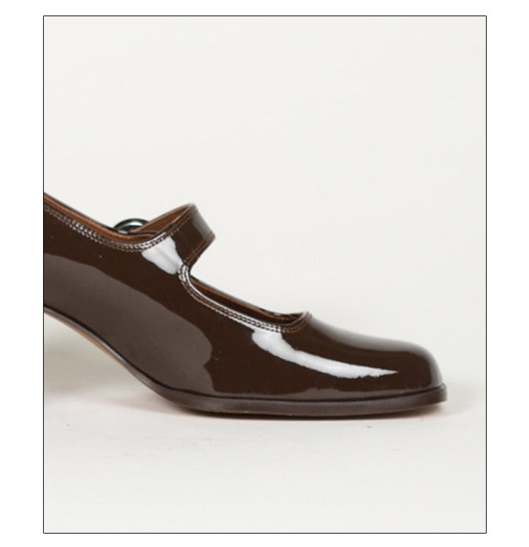 goosudu Woman‘s New Mary Janes Shoes Genuine Leather Shallow Square heel Pumps Buckle Strap Round Toe Lady Footwear