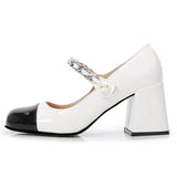 goosudu Luxury Designer Women Thick High Heels Shose Chain Square Toe Pumps Spring Square Toe Shoes Wedding Shoes Mary Jane Sandals