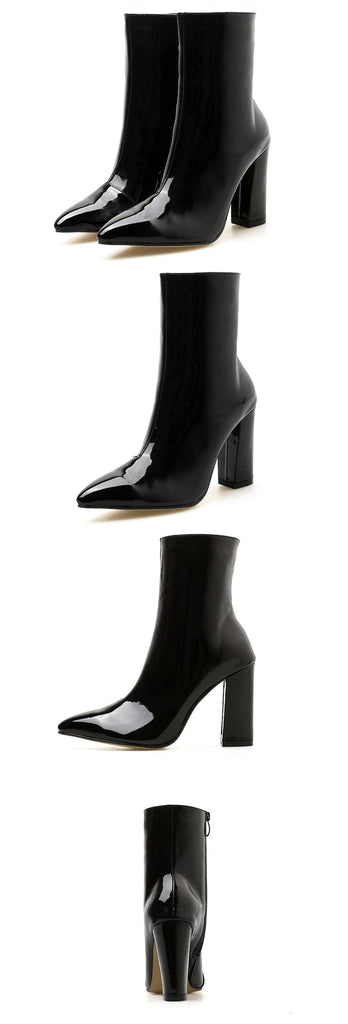 Fashion Gold Silver Patent Leather Women Ankle Boots Pointed Toe Square High Heels Shoes Chelsea Botas De Mujer