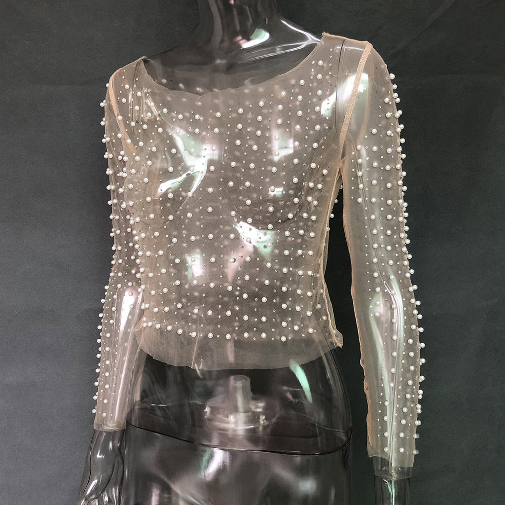 goosudu  See Through Diamond Beads Mesh Women Tops Black Long Sleeve Round Neck Short Tops Women Spring Skinny Fashion Streetwear