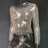 goosudu  See Through Diamond Beads Mesh Women Tops Black Long Sleeve Round Neck Short Tops Women Spring Skinny Fashion Streetwear