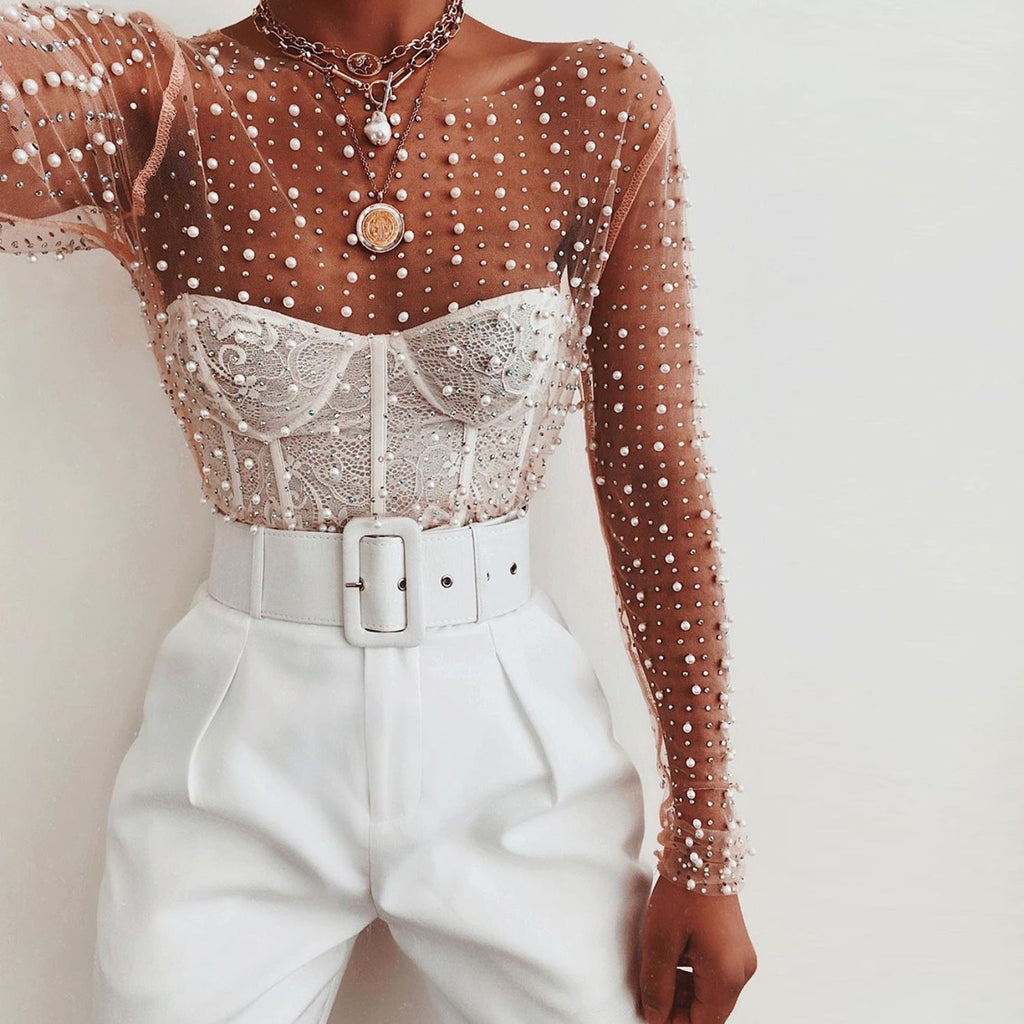goosudu  See Through Diamond Beads Mesh Women Tops Black Long Sleeve Round Neck Short Tops Women Spring Skinny Fashion Streetwear