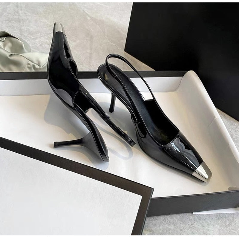 goosudu Star style Patent Leather Women Pumps Fashion Metal square toe High Heels Office Lady Shoes Spring Summer Slingback Female shoes