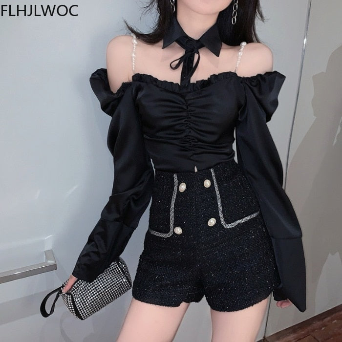 Goosudu Spring Women Fashion Off Shoulder Crop Tops Blusas Bling Beading Black Shirts Stand Collar Sexy Short Blouses