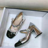 goosudu Luxury Designer Women Thick High Heels Shose Chain Square Toe Pumps Spring Square Toe Shoes Wedding Shoes Mary Jane Sandals