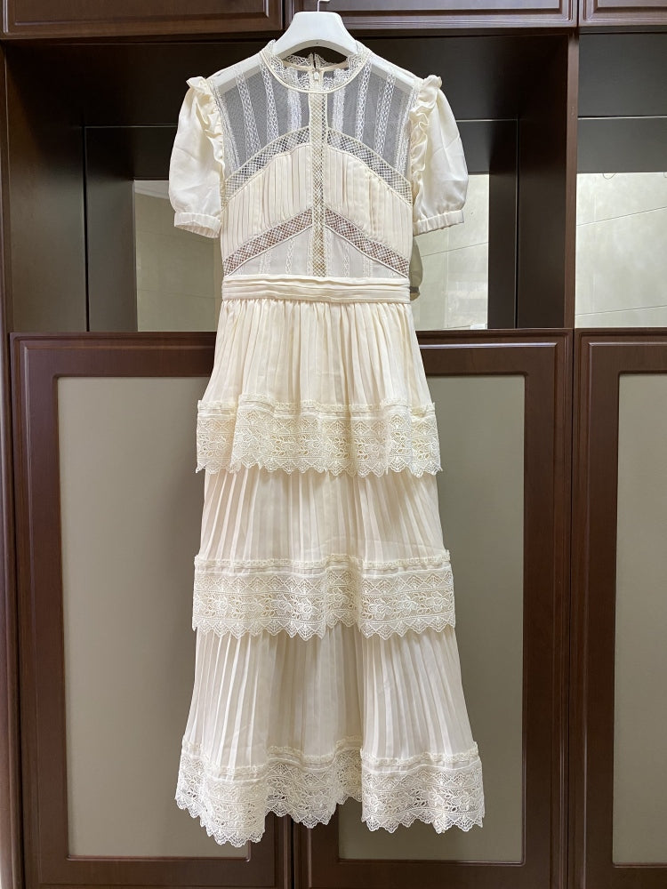 goosudu Summer Self Portrait Beige Pleated Dress Women Short Sleeve Lace Patchwork Cascading Ruffles Long Dress Female Layer Cake Dress