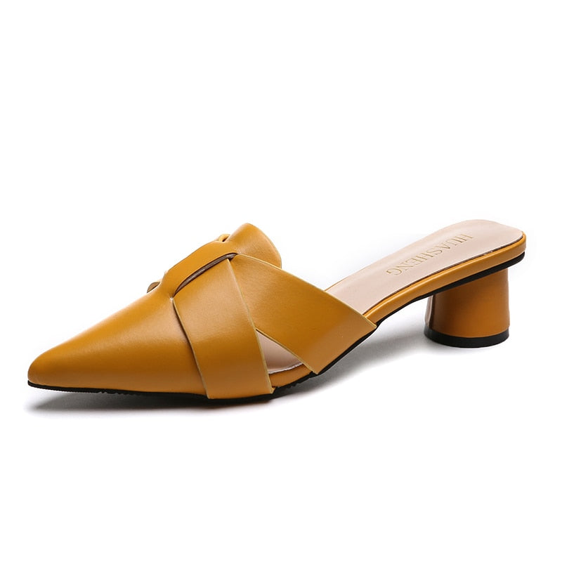 goosudu  Summer Pointed Toe Sandals Women Fashion High Quality Beige Square Heel Shoes Casual Sweet Party Yellow High Heels Plus Size 42
