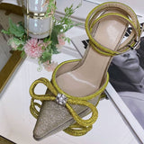 Summer Sexy Satin Slim Thin High Heel Bride Shoes Women Point Wrap Toe Crystal Sandals Ankle Buckle Luxury Wedding Shoes Mujer