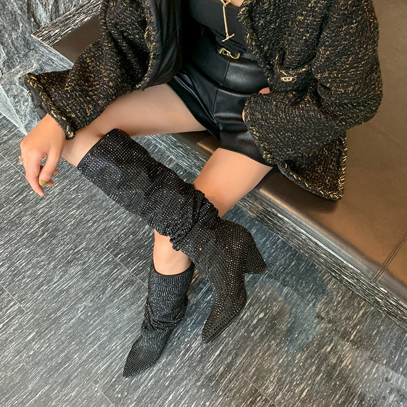 goosudu New Crystal Shoes Woman Pointed Toe Over Knee High Boots Sexy Rhinestone Chunky Spike Heel Boots Ladies Shoes Botas Mujer