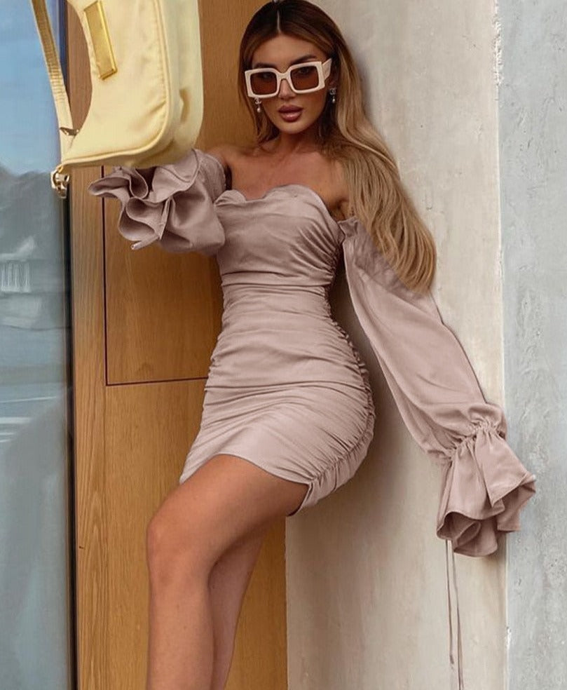 Goosudu Women Solid Long Loose Flare Sleeve With Drawstring Ruched Mini Dress spring  Autumn Streetwear Outfit Fashion Y2K