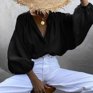 Spring Women Shirt Vintage Solid Color Long-sleeve Loose Casual Lantern Sleeve Office Casual Blouse Women Big Size Shirt