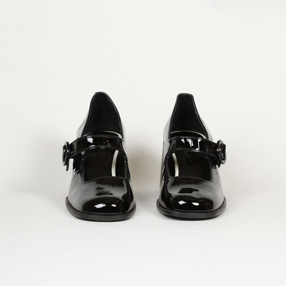 goosudu Woman‘s New Mary Janes Shoes Genuine Leather Shallow Square heel Pumps Buckle Strap Round Toe Lady Footwear