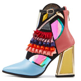 goosudu High Heel Ankle Boots Bling Bling Novelty Heels Ruffles Party Short Boots For Women Pointed Toe Modern Runway Heel Shoes Ethnic