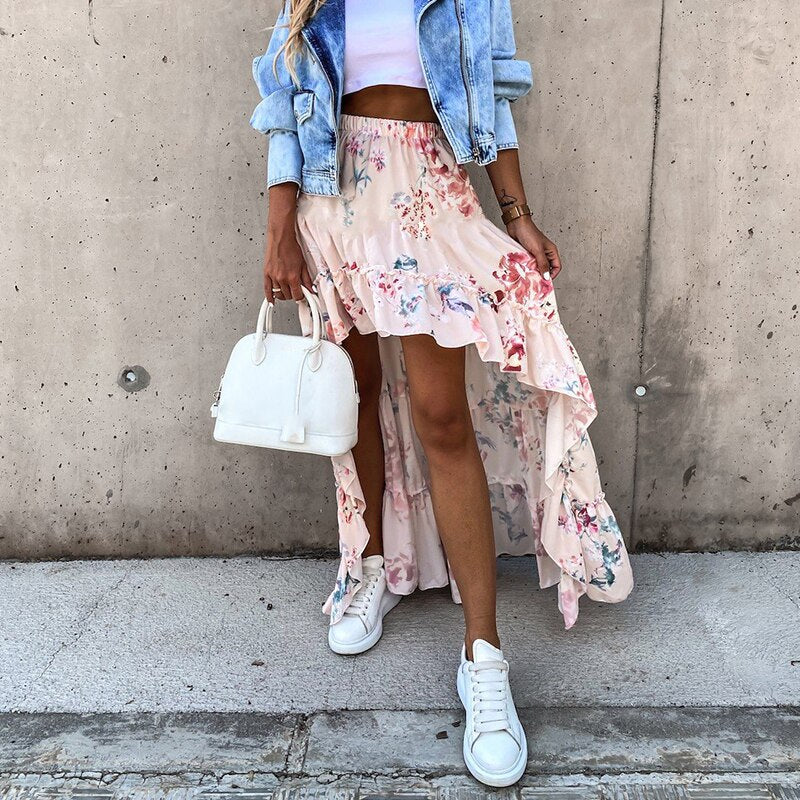 Goosudu Bohemian Women Long Skirt Asymmetrical Beach Style Floral Printed High Waist Ladies Casual Skirt Ins Skirts Faldas Spring